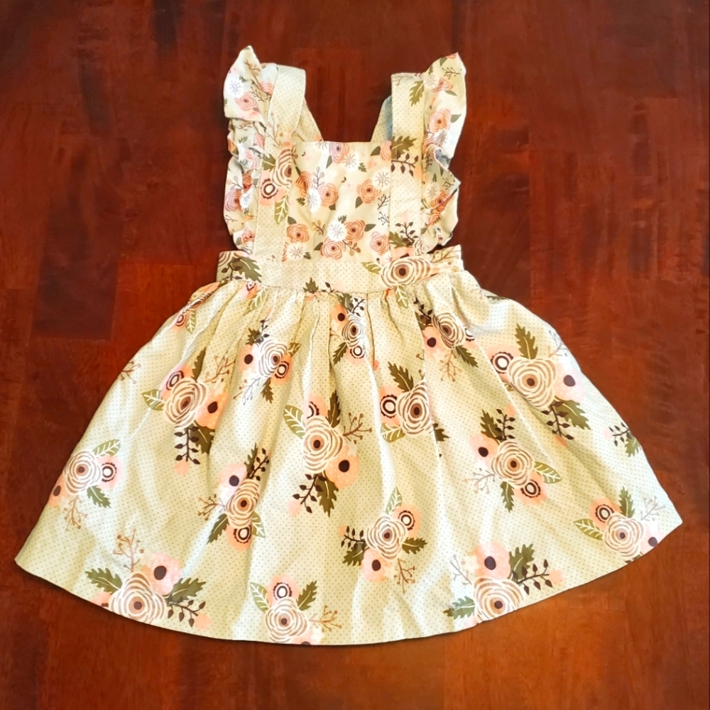 Handmade Toddler Baby Girl's Pink and Green Floral Overall Dress, 24M / 2T